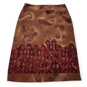 Requirements Petite Paisley Midi Skirt 14P Brown Red A-Line Zip Back